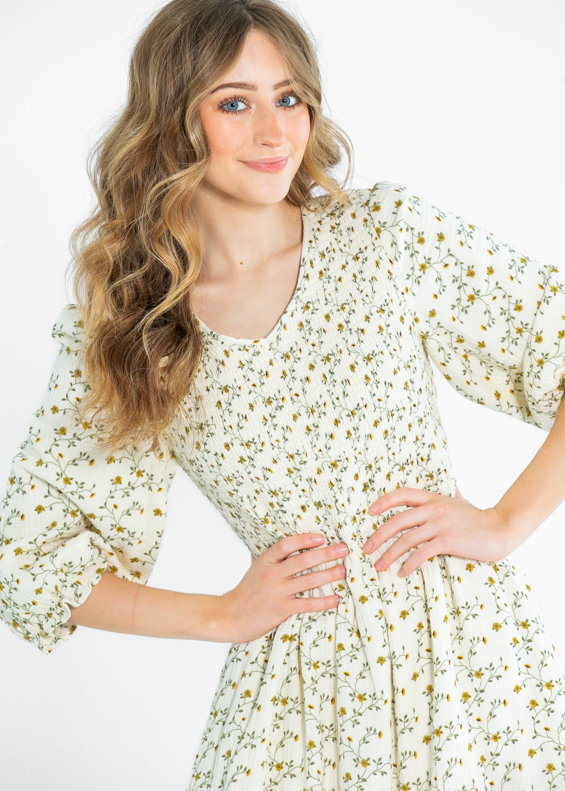 Flora 3/4 Puff Sleeve Smocked Midi Dress IC Dresses