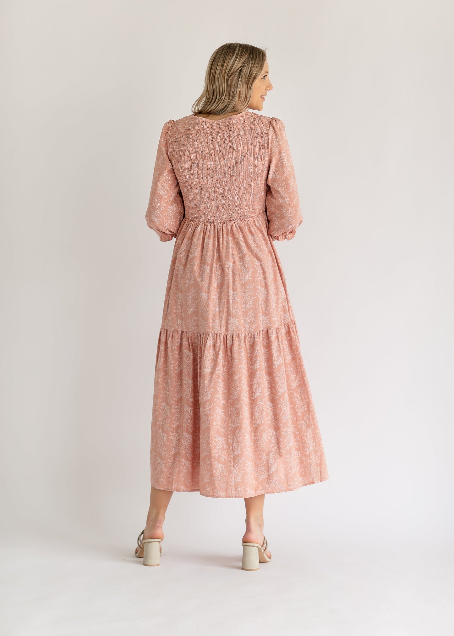 Flora 3/4 Puff Sleeve Smocked Midi Dress IC Dresses