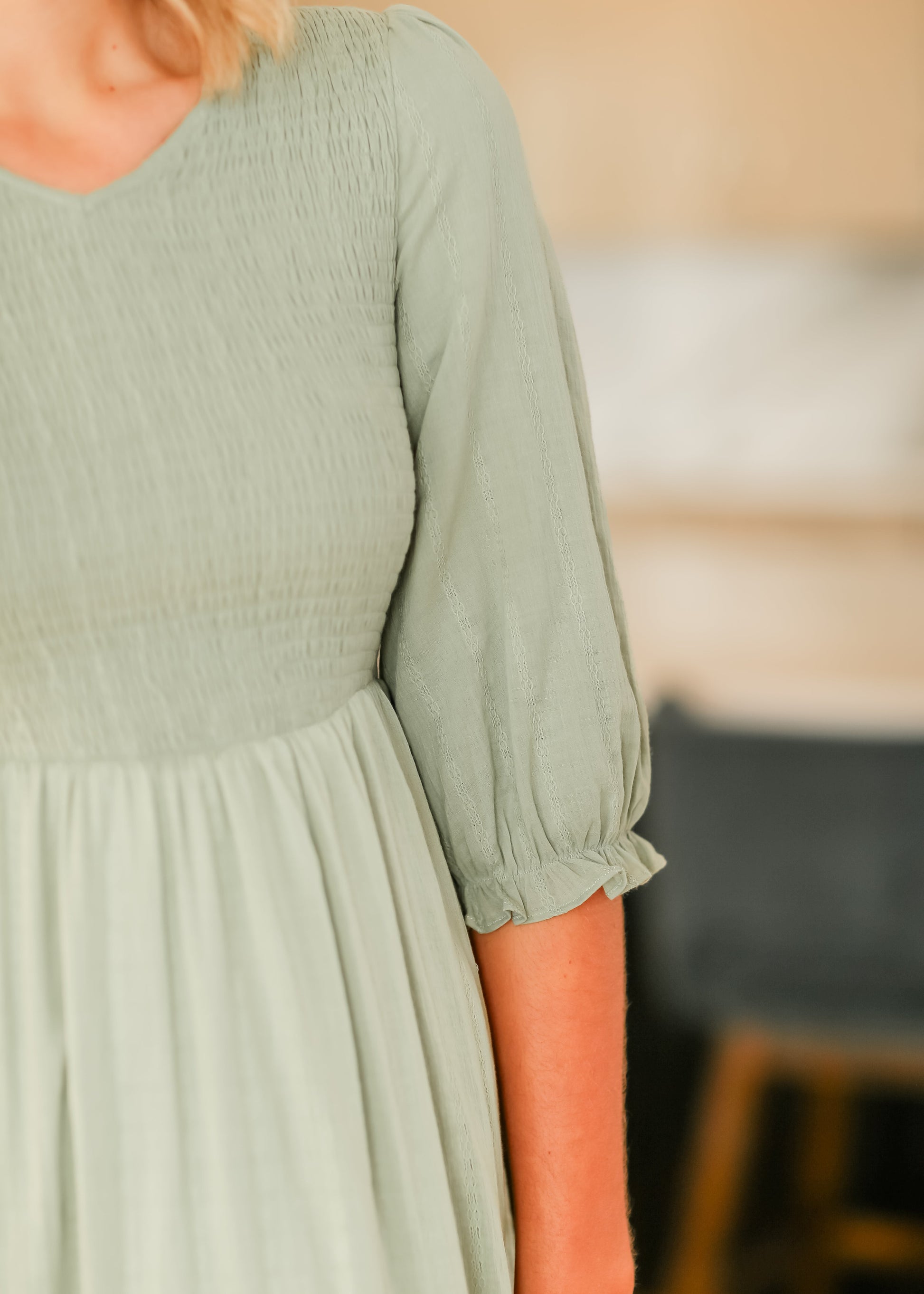 Flora 3/4 Sleeve Smocked Midi Dress IC Dresses