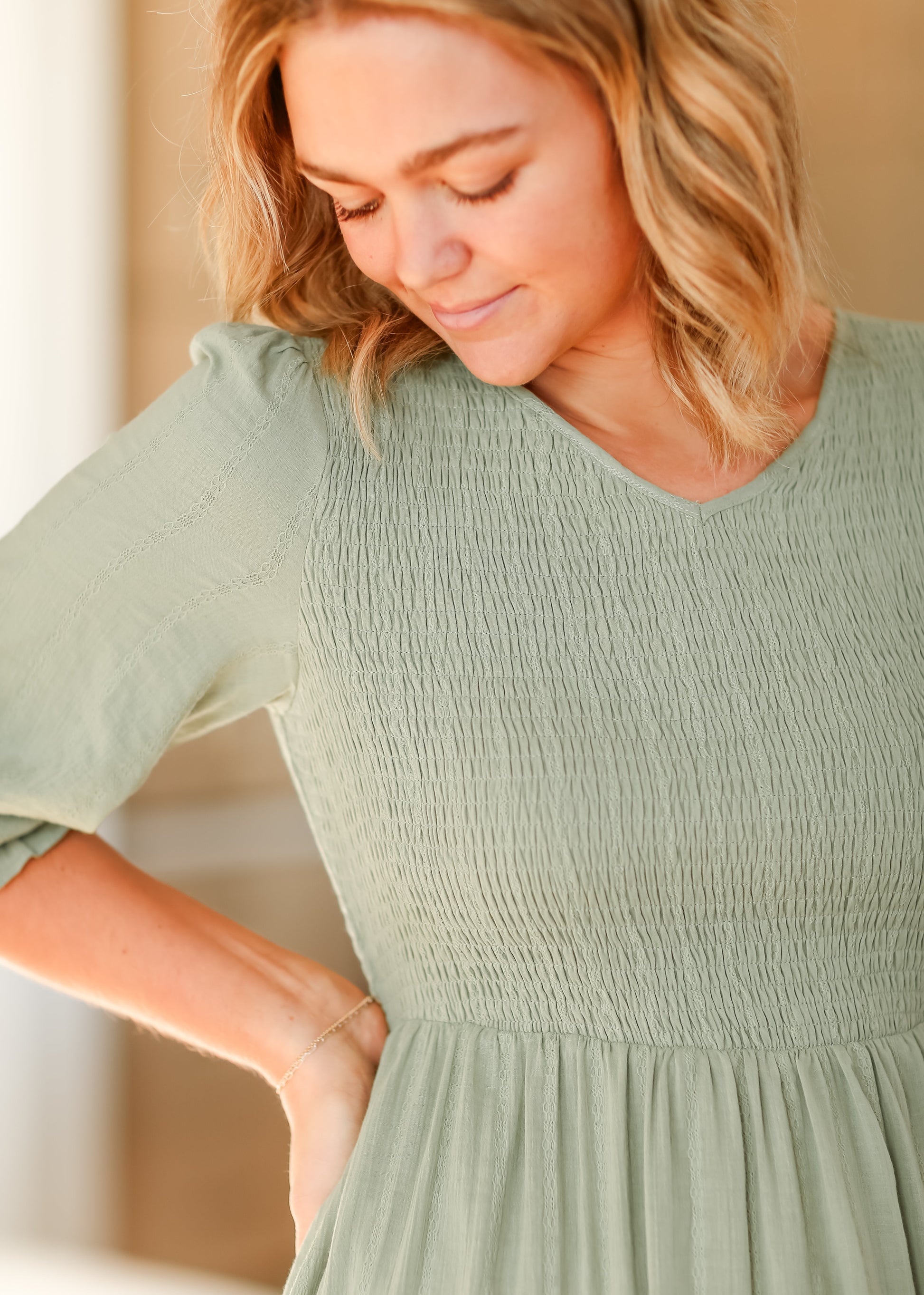 Flora 3/4 Sleeve Smocked Midi Dress IC Dresses