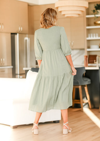 Flora 3/4 Sleeve Smocked Midi Dress IC Dresses