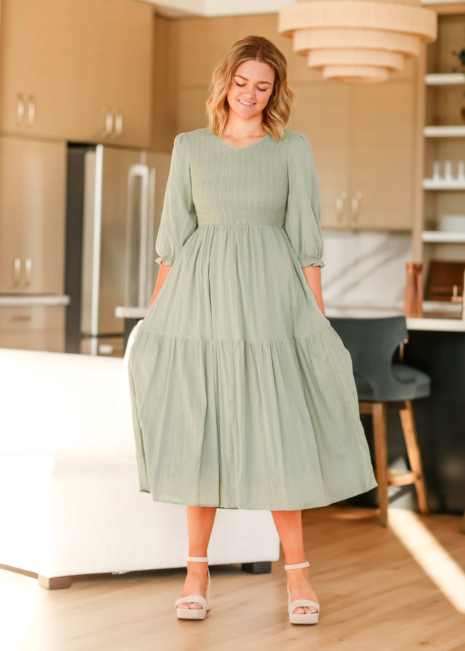 Flora 3/4 Sleeve Smocked Midi Dress IC Dresses