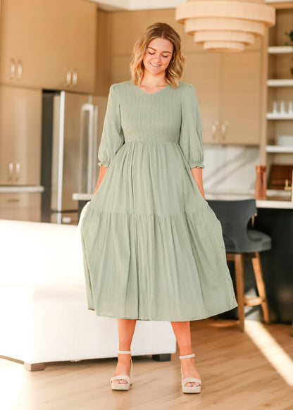 Flora 3/4 Sleeve Smocked Midi Dress IC Dresses