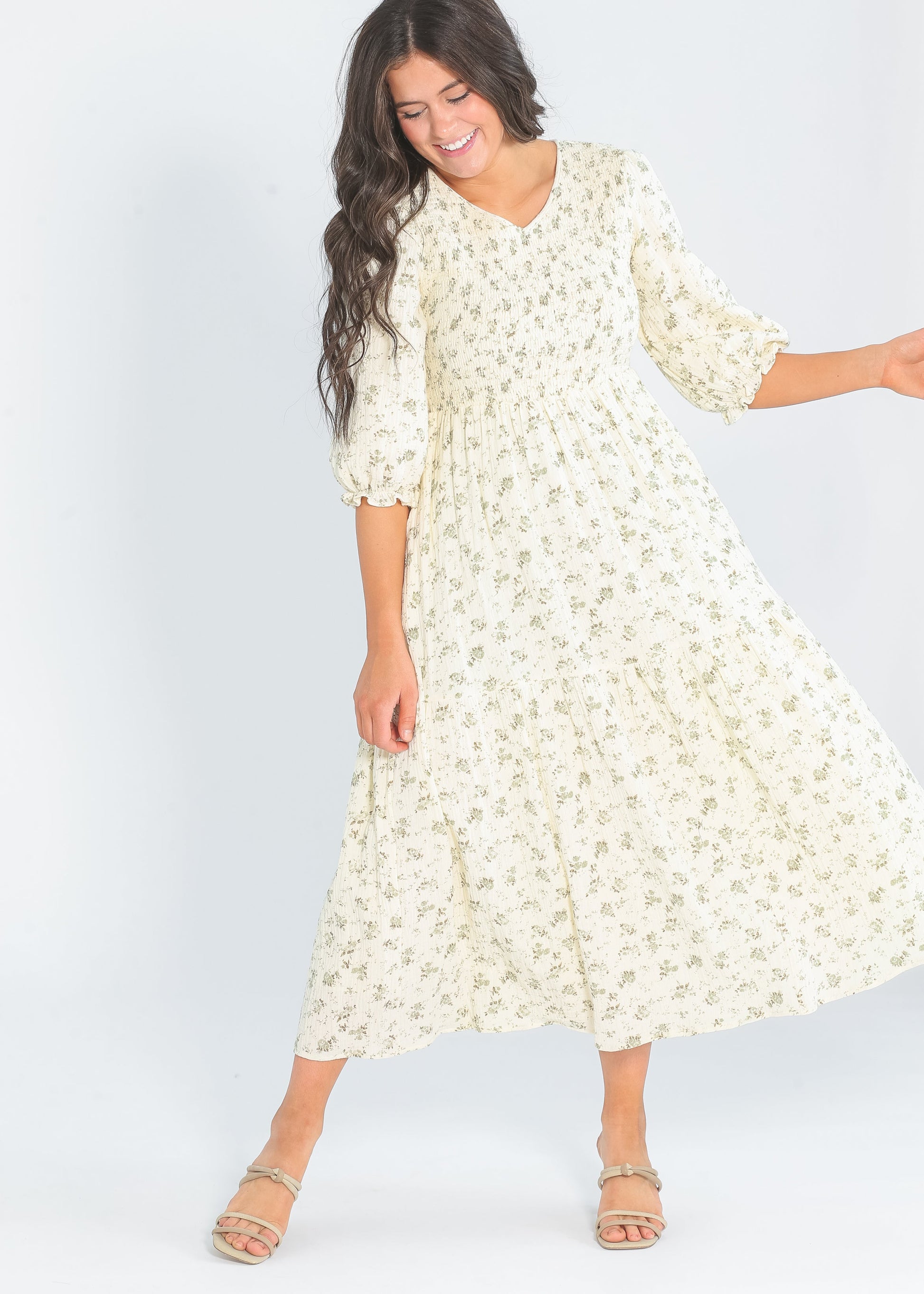 Flora 3/4 Sleeve Smocked Midi Dress - Olive Floral IC Dresses