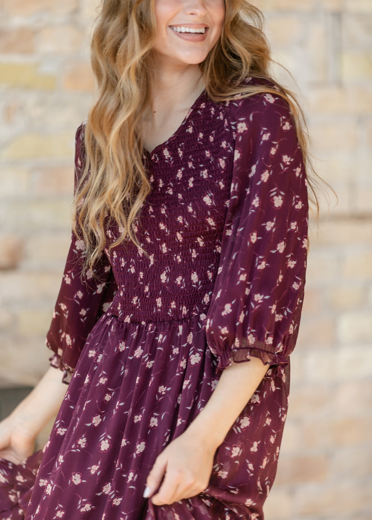 Flora Burgundy 3/4 Puff Sleeve Smocked Midi Dress IC Dresses