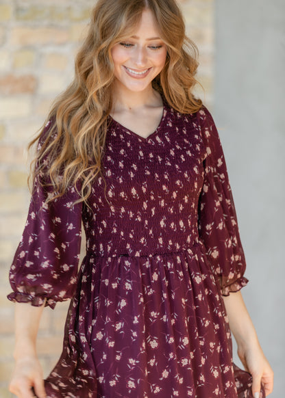 Flora Burgundy 3/4 Puff Sleeve Smocked Midi Dress IC Dresses