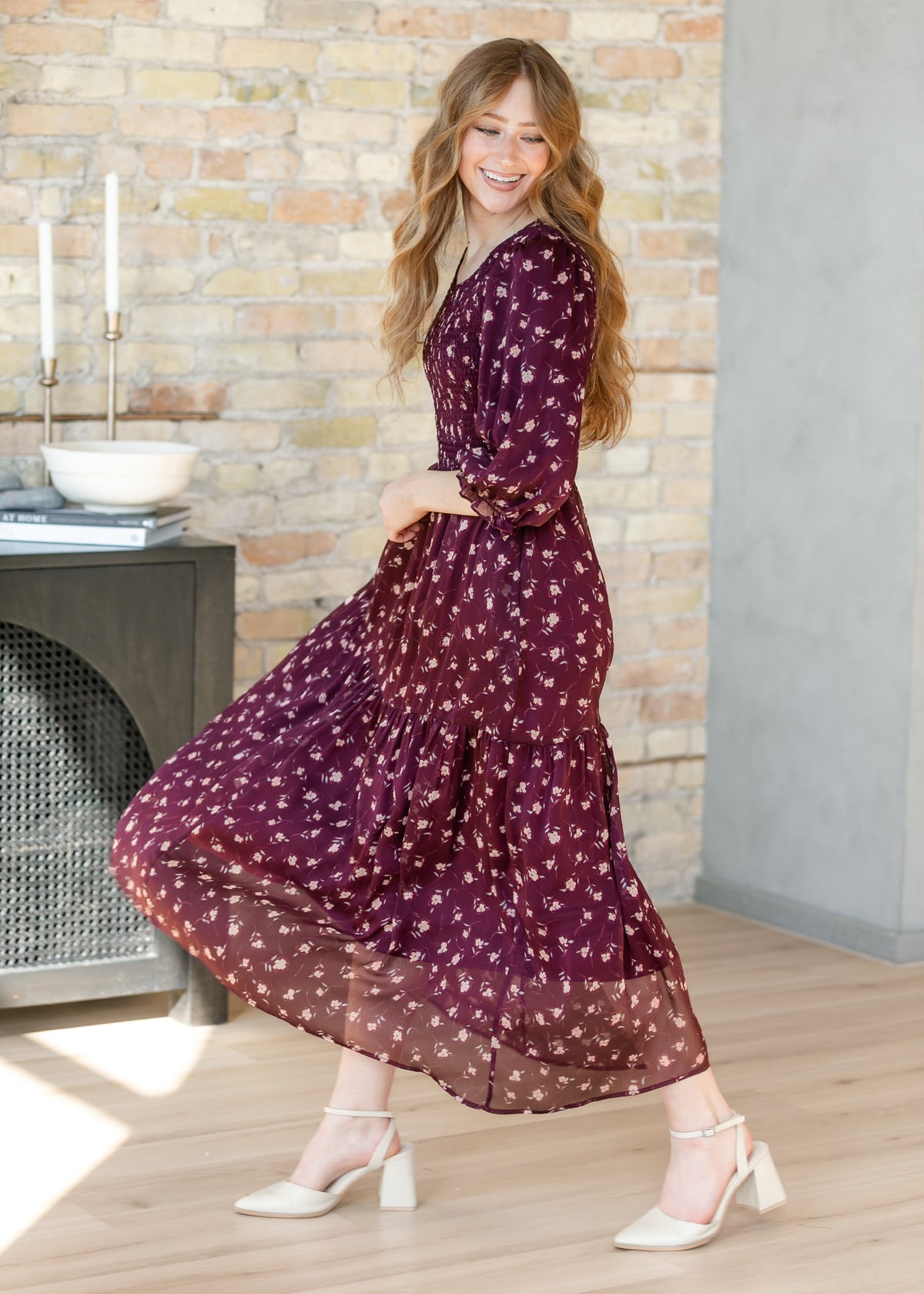 Flora Burgundy 3/4 Puff Sleeve Smocked Midi Dress IC Dresses