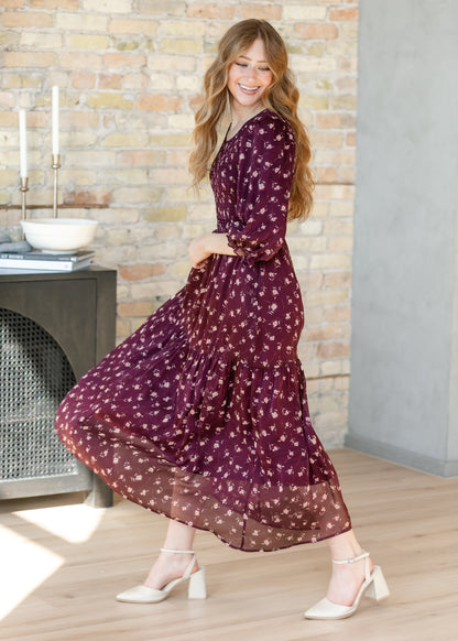 Flora Burgundy 3/4 Puff Sleeve Smocked Midi Dress IC Dresses