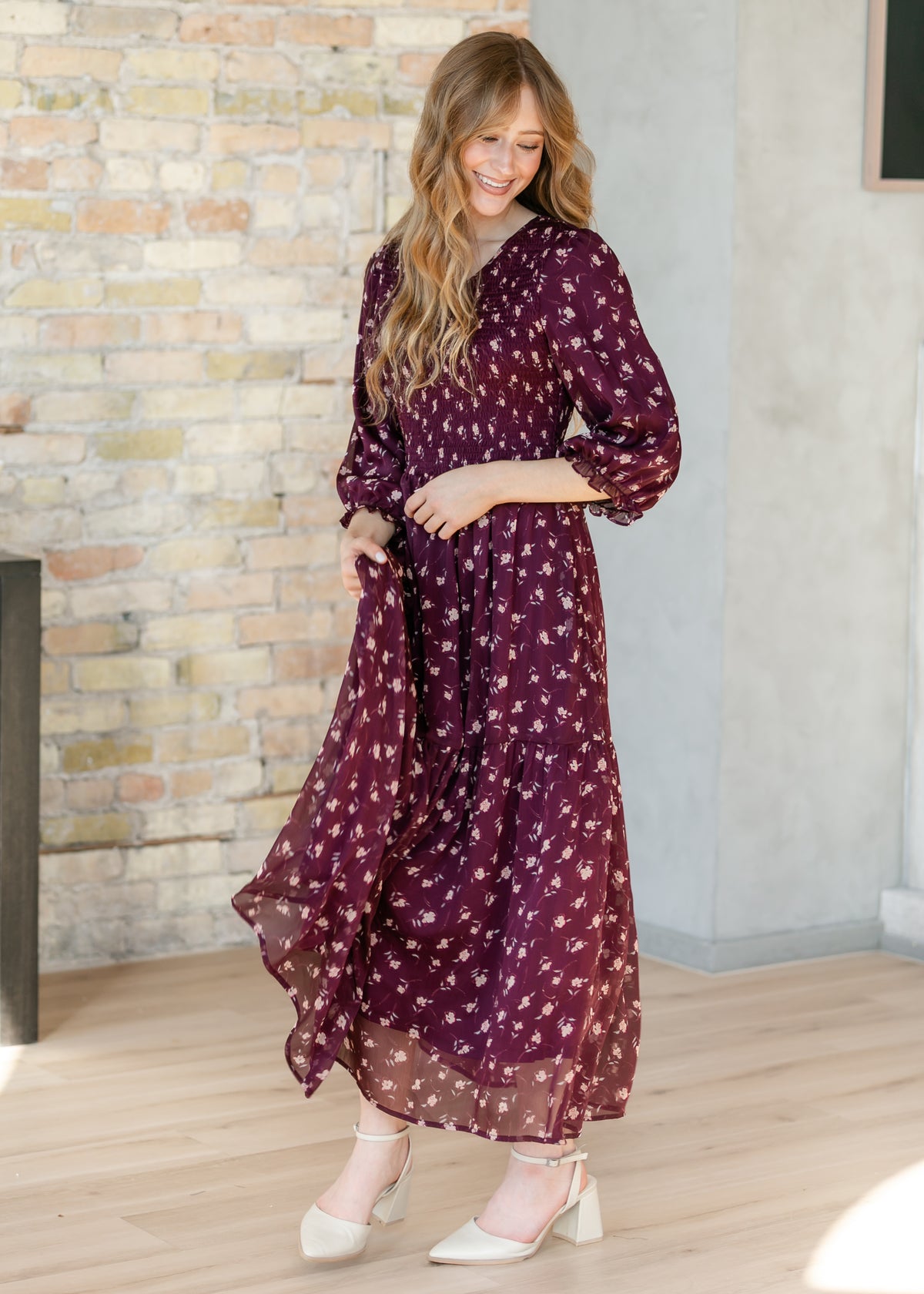 Flora Burgundy 3/4 Puff Sleeve Smocked Midi Dress IC Dresses
