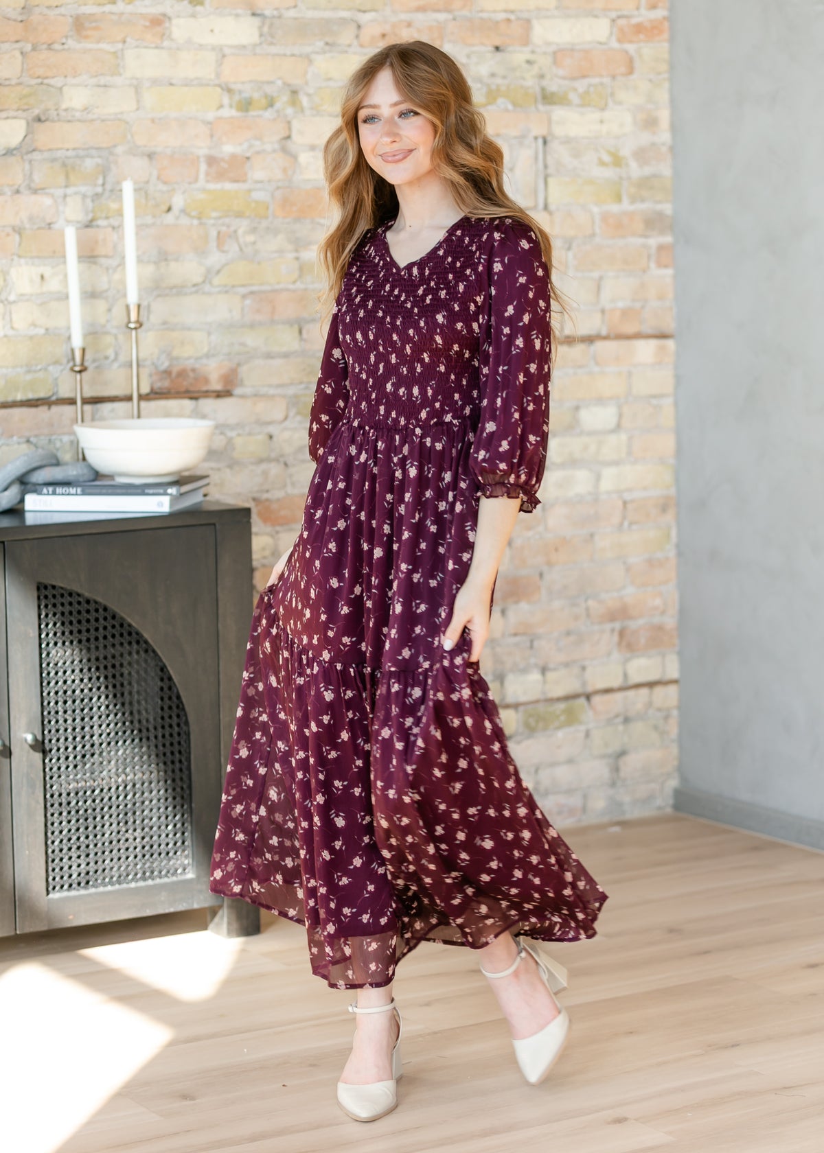 Flora Burgundy 3/4 Puff Sleeve Smocked Midi Dress IC Dresses