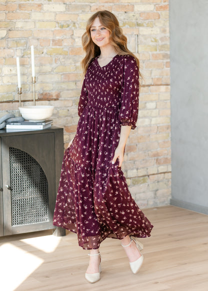 Flora Burgundy 3/4 Puff Sleeve Smocked Midi Dress IC Dresses