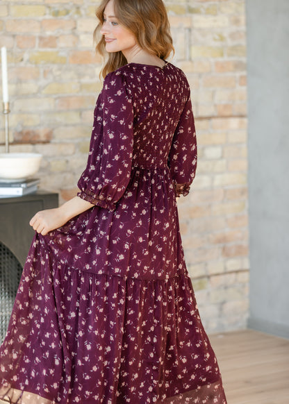 Flora Burgundy 3/4 Puff Sleeve Smocked Midi Dress IC Dresses