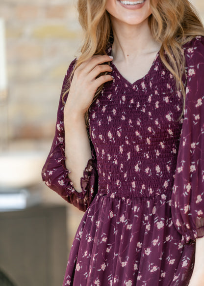 Flora Burgundy 3/4 Puff Sleeve Smocked Midi Dress IC Dresses
