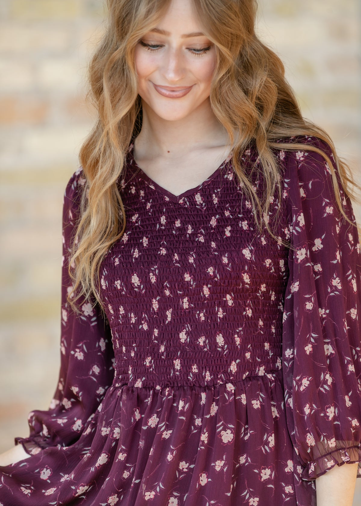 Flora Burgundy 3/4 Puff Sleeve Smocked Midi Dress IC Dresses