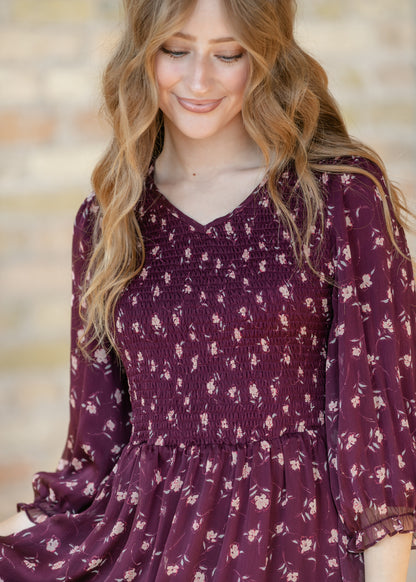 Flora Burgundy 3/4 Puff Sleeve Smocked Midi Dress IC Dresses