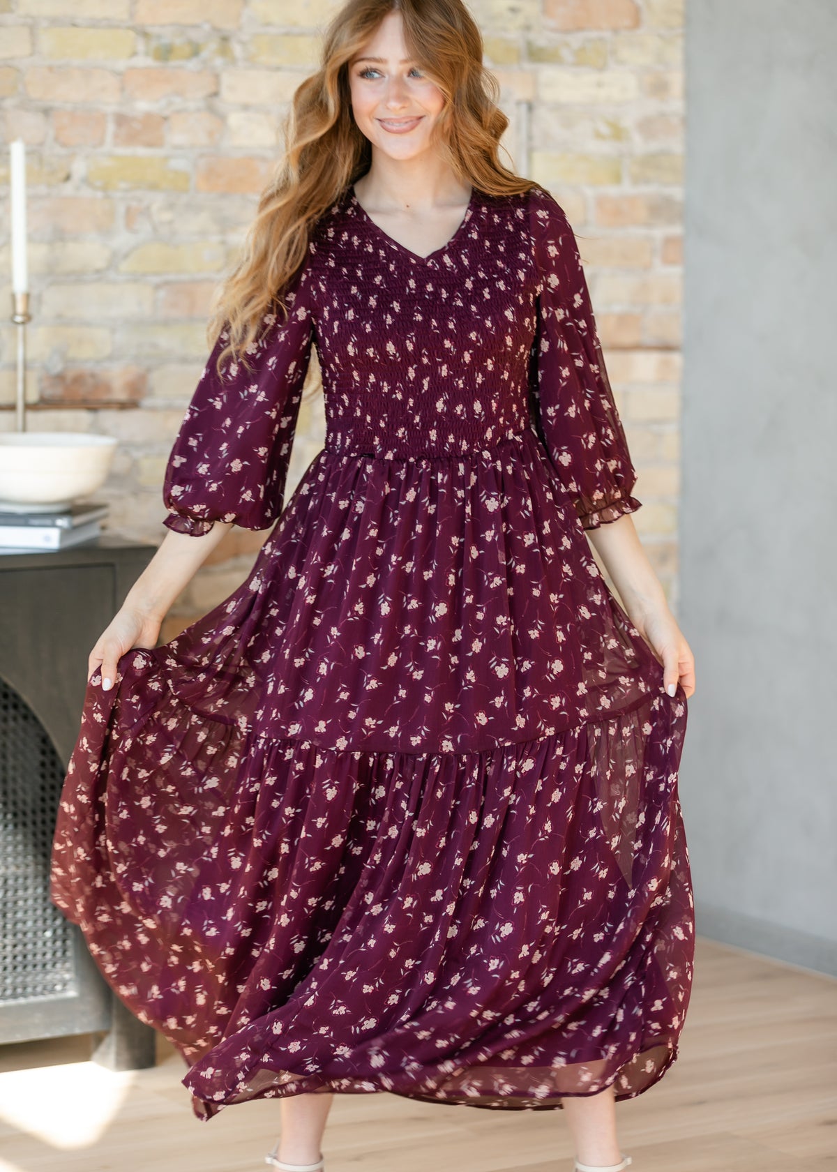 Flora Burgundy 3/4 Puff Sleeve Smocked Midi Dress IC Dresses