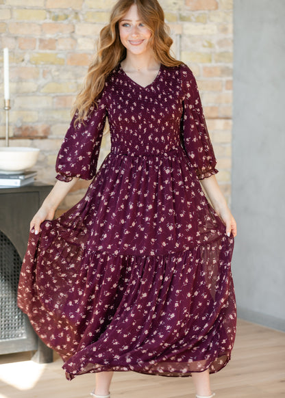 Flora Burgundy 3/4 Puff Sleeve Smocked Midi Dress IC Dresses
