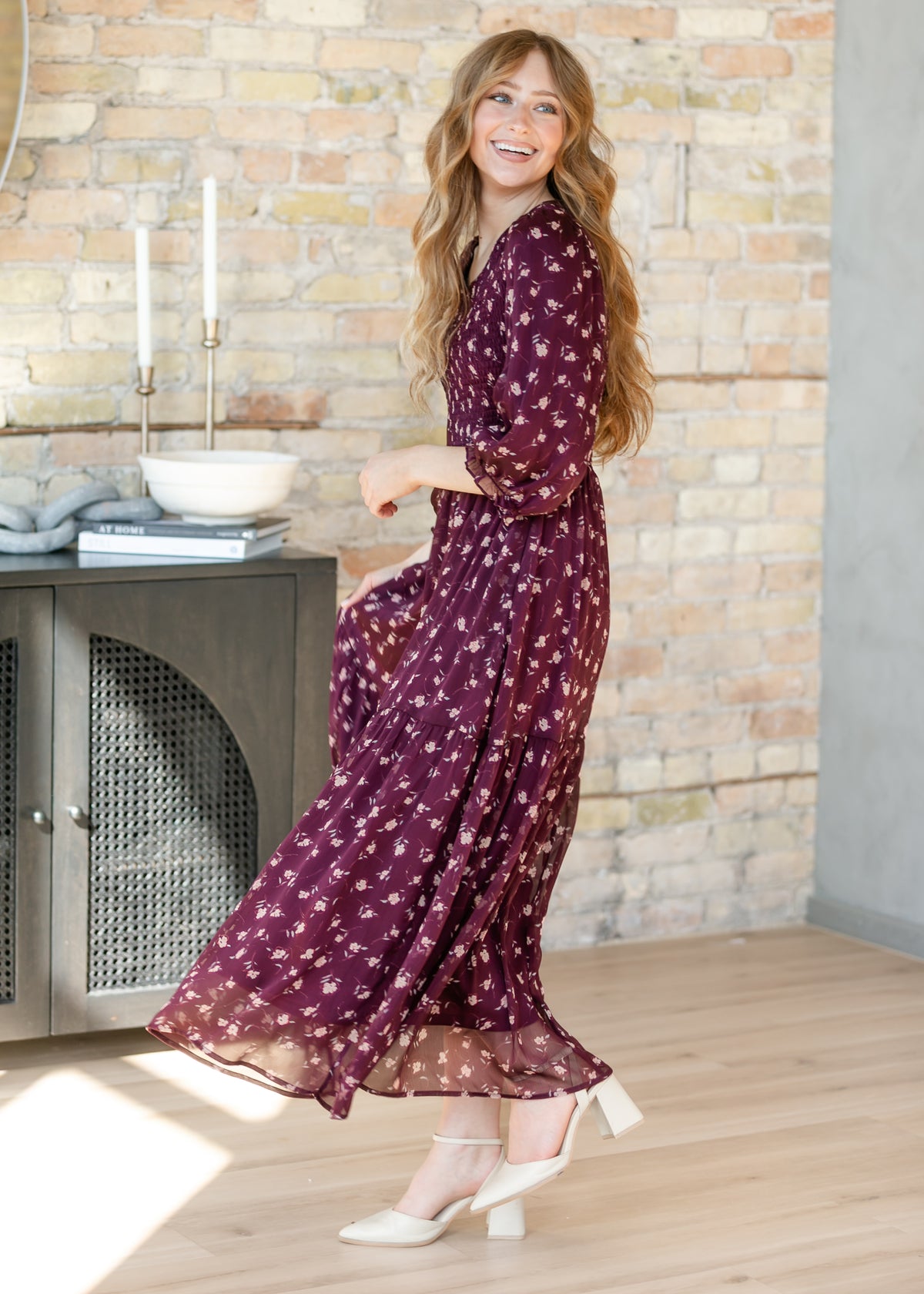 Flora Burgundy 3/4 Puff Sleeve Smocked Midi Dress IC Dresses