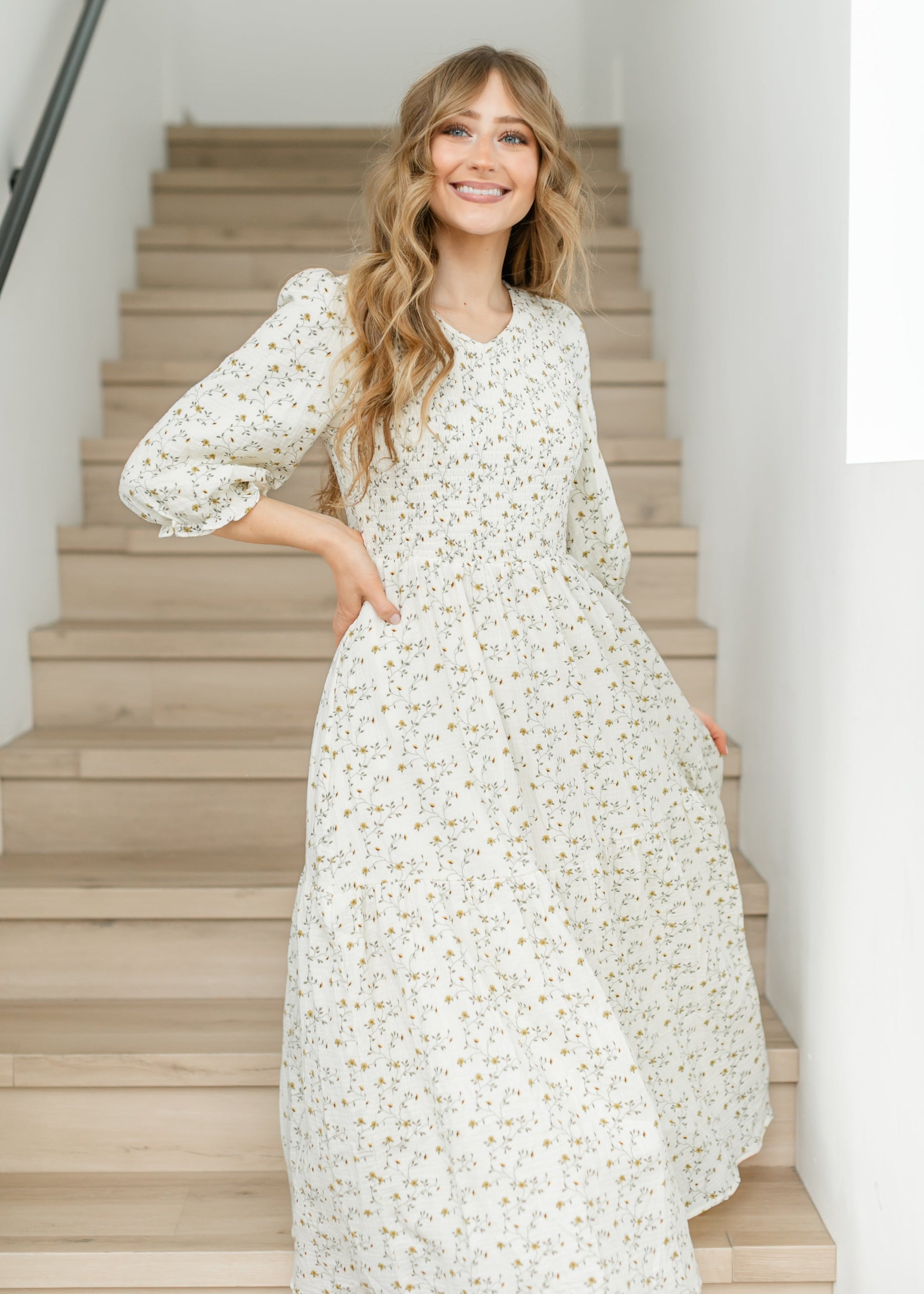 Midi Dress Best Smock Dresses Ivory Smocked Top 3/4 Sleeve Midi Dress S Midi Dress Best Smock Dresses Ivory Smocked Top 3/4 Sleeve Midi Dress S