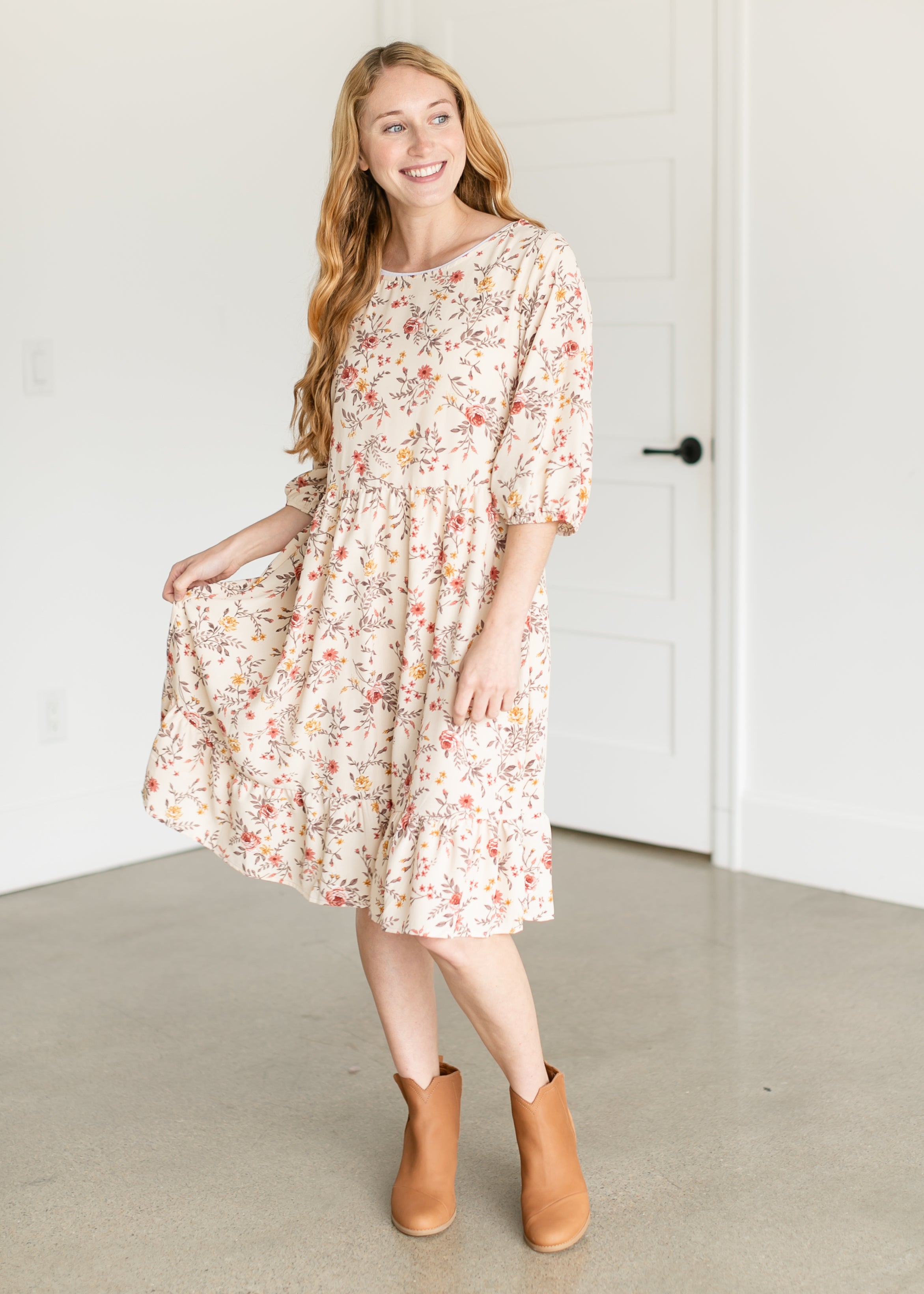 Floral 3/4 Sleeve Midi Dress – Inherit Co.
