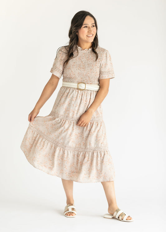 Floral and Lace Tiered Smocked Midi Dress FF Dresses