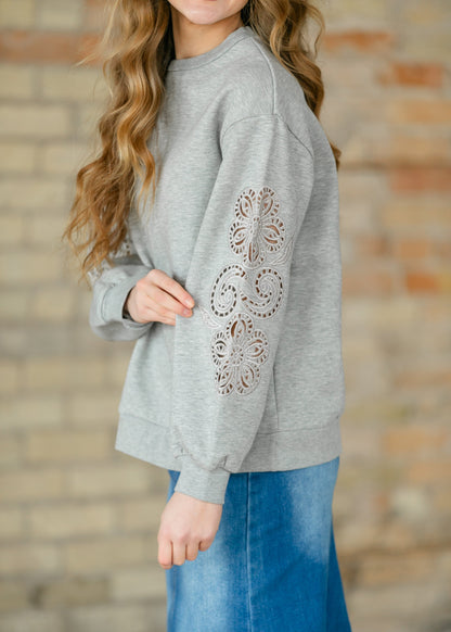 Floral Cutout Sleeve Sweatshirt FF Tops