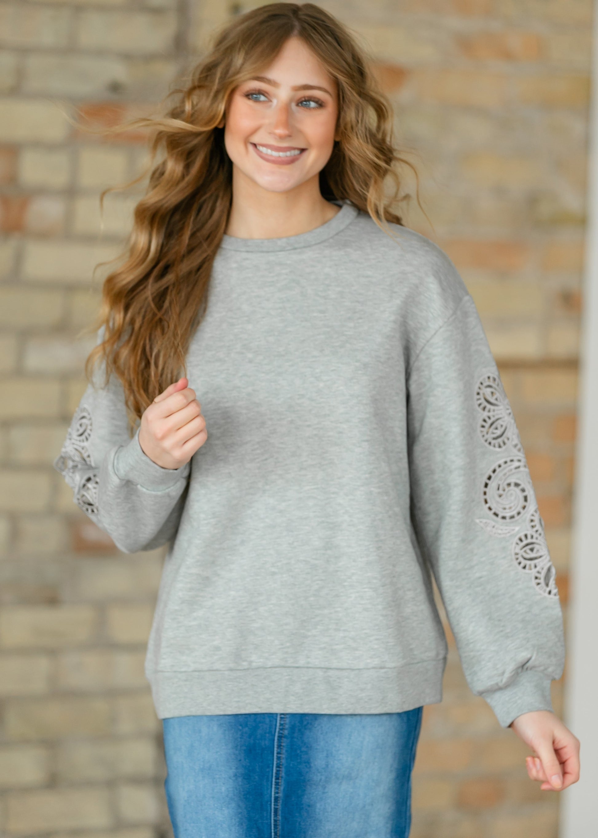 Floral Cutout Sleeve Sweatshirt FF Tops