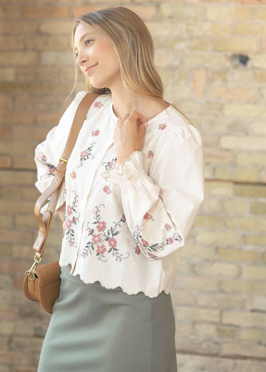 Floral Embroidered Button Down Top FF Tops