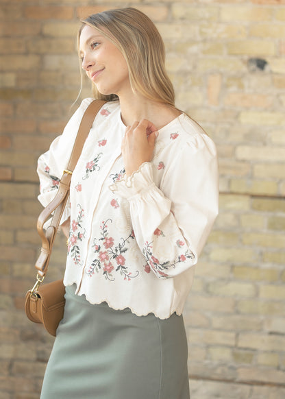 Floral Embroidered Button Down Top FF Tops