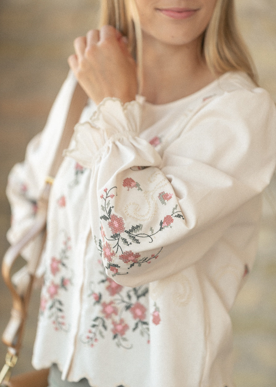 Floral Embroidered Button Down Top FF Tops