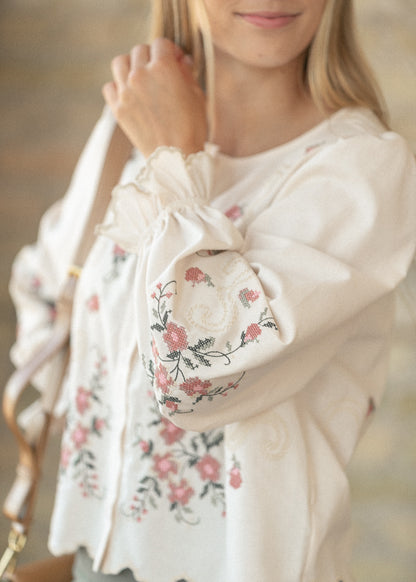 Floral Embroidered Button Down Top FF Tops