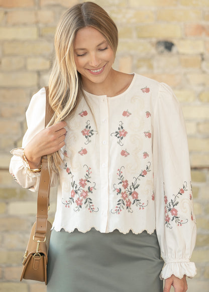 Floral Embroidered Button Down Top FF Tops