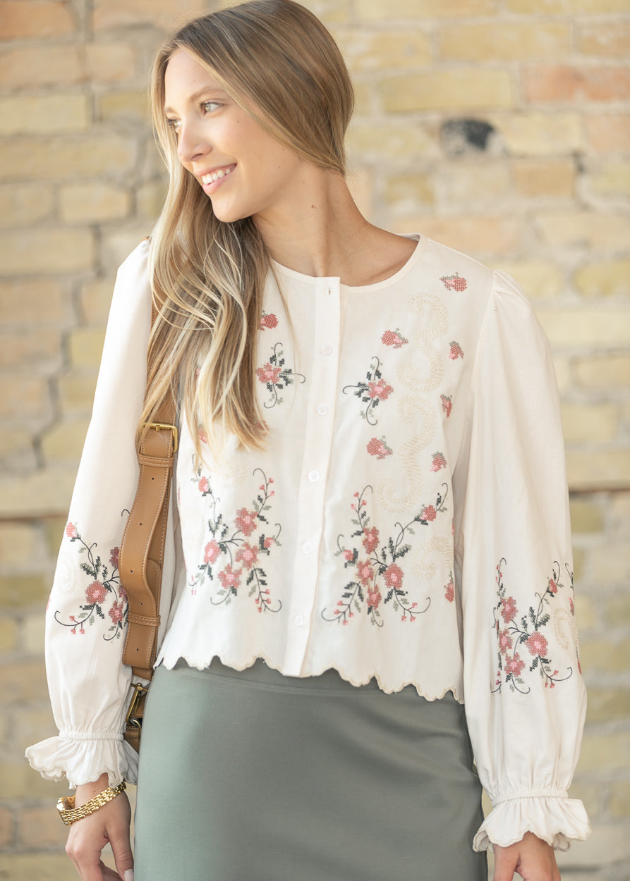 Floral Embroidered Button Down Top FF Tops S