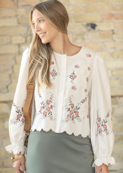 Floral Embroidered Button Down Top FF Tops S
