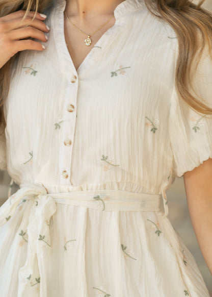 Floral Embroidered V-Neck Midi Dress FF Dresses