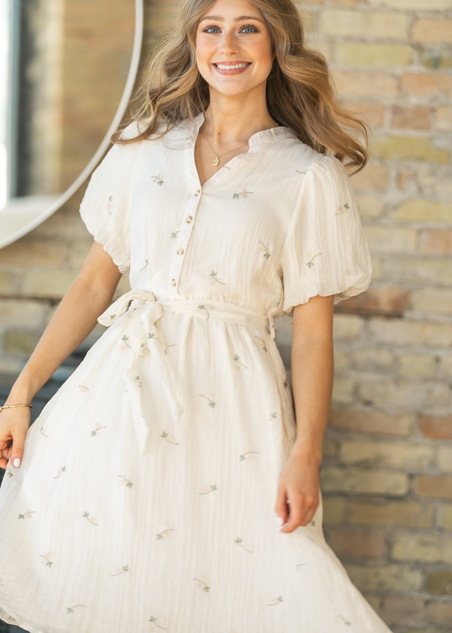 Floral Embroidered V-Neck Midi Dress FF Dresses