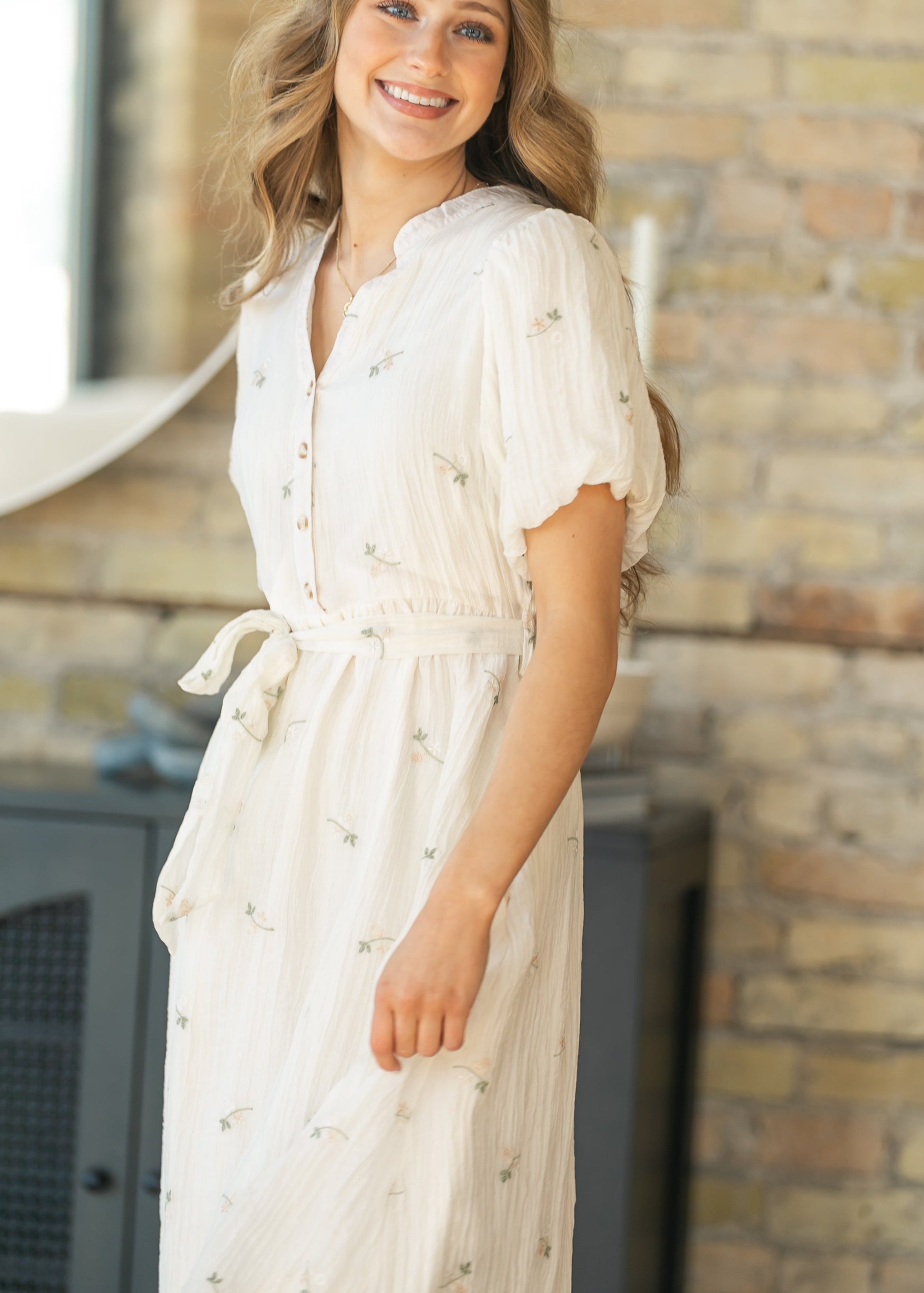 Floral Embroidered V-Neck Midi Dress FF Dresses