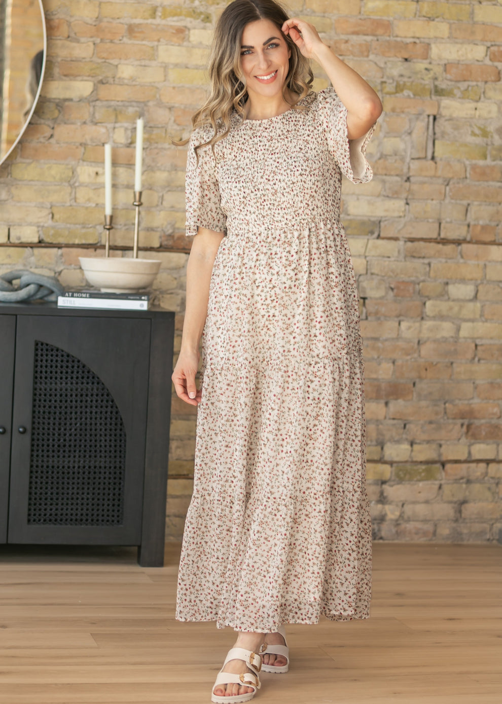 Floral Flutter Sleeve Tiered Maxi Dress, Large
