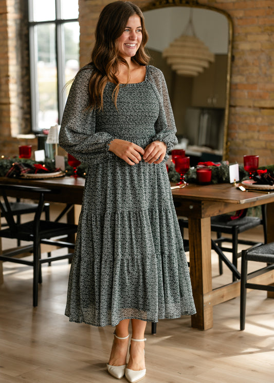 Floral Hunter Green Smocked Bodice Midi Dress FF Dresses S