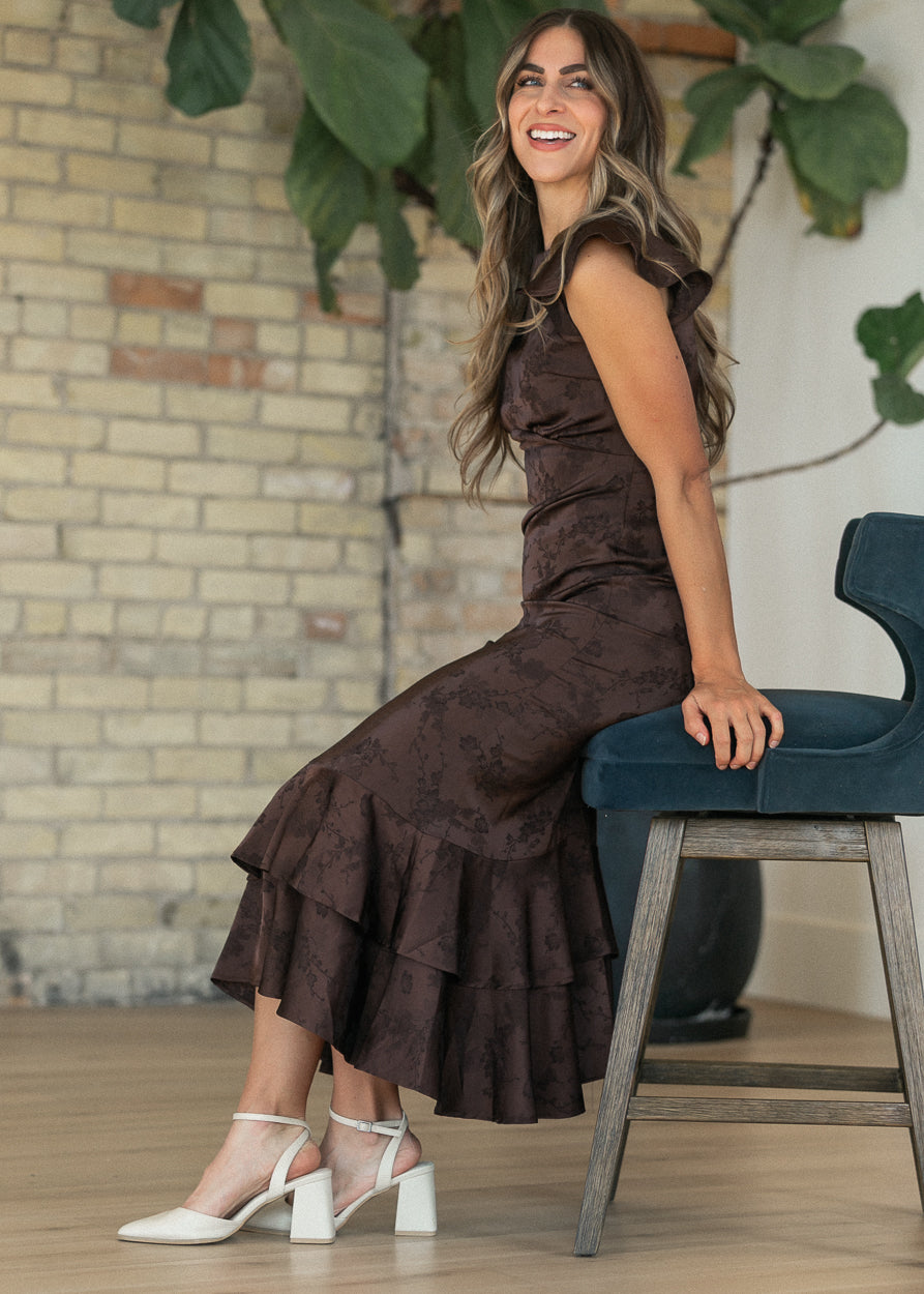 Floral Jacquard Dark Brown Tiered Dress FF Dresses