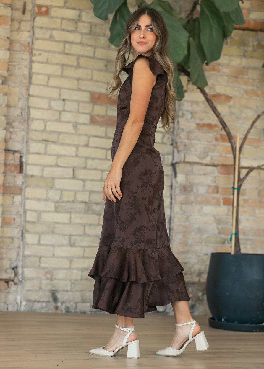 Floral Jacquard Dark Brown Tiered Dress FF Dresses