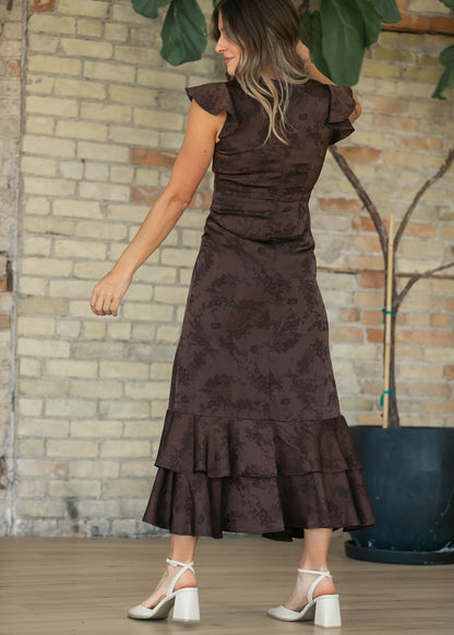Floral Jacquard Dark Brown Tiered Dress FF Dresses