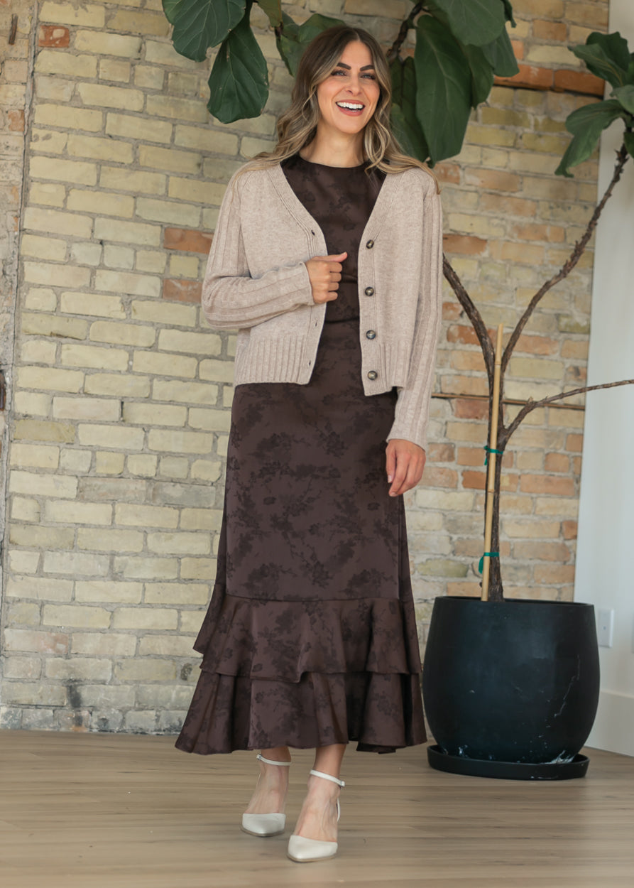 Floral Jacquard Dark Brown Tiered Dress FF Dresses
