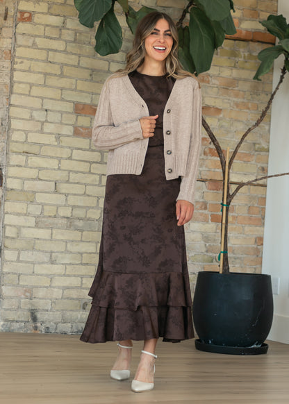Floral Jacquard Dark Brown Tiered Dress FF Dresses