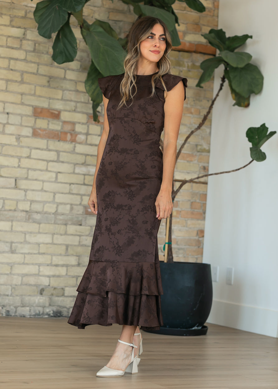 Floral Jacquard Dark Brown Tiered Dress FF Dresses S
