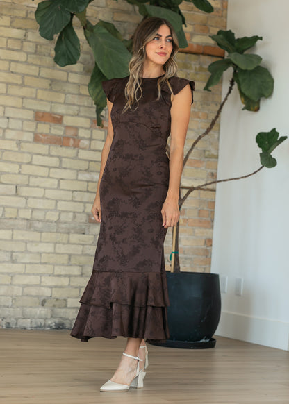Floral Jacquard Dark Brown Tiered Dress FF Dresses S