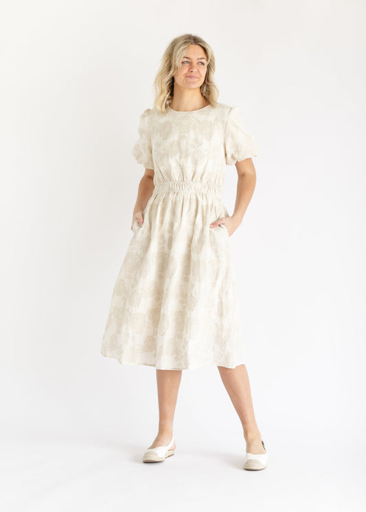 Floral Jacquard Short Sleeve Midi Dress FF Dresses