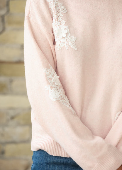 Floral Lace Applique Soft Wool Blend Sweater FF Tops