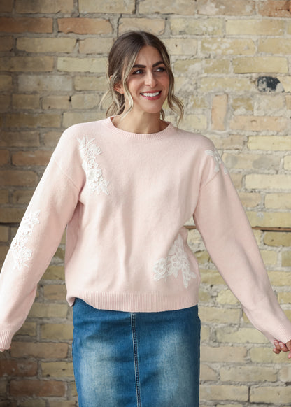 Floral Lace Applique Soft Wool Blend Sweater FF Tops