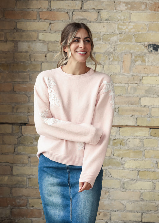 Floral Lace Applique Soft Wool Blend Sweater FF Tops S